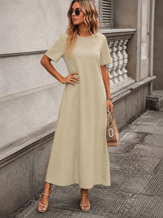 Rochie lungă din viscon cu mânecă scurtă, guler rotund, 36686