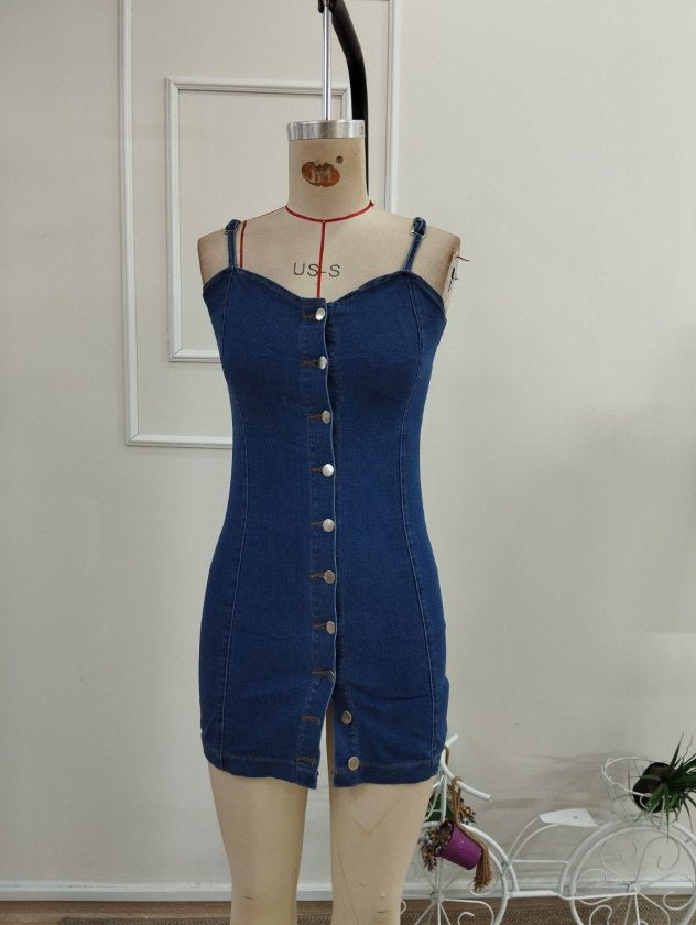 Rochie de blugi scurtă, cu bretele și nasturi în față, pentru femei, 36720
