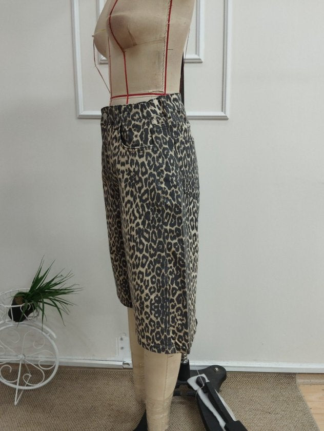 Pantalon Scurt din Denim, Femeie, Talie Înaltă, Model Leopard, 36723
