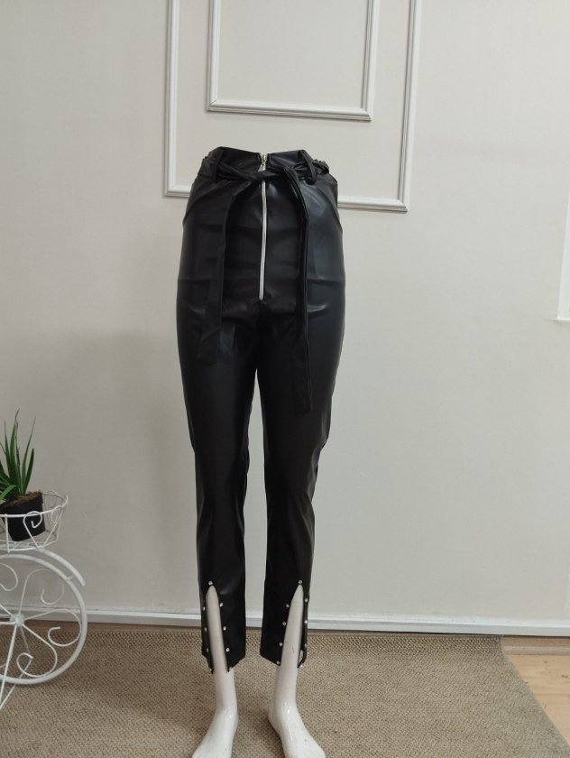 Pantalon din Piele, Femeie, Talie Înaltă, Fermoar Frontal, Cu Centură la Talie, Tăieturi Frontale, Detaliu Perle, 36725