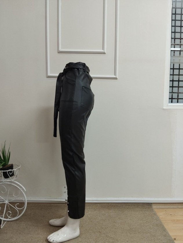 Pantalon din Piele, Femeie, Talie Înaltă, Fermoar Frontal, Cu Centură la Talie, Tăieturi Frontale, Detaliu Perle, 36725