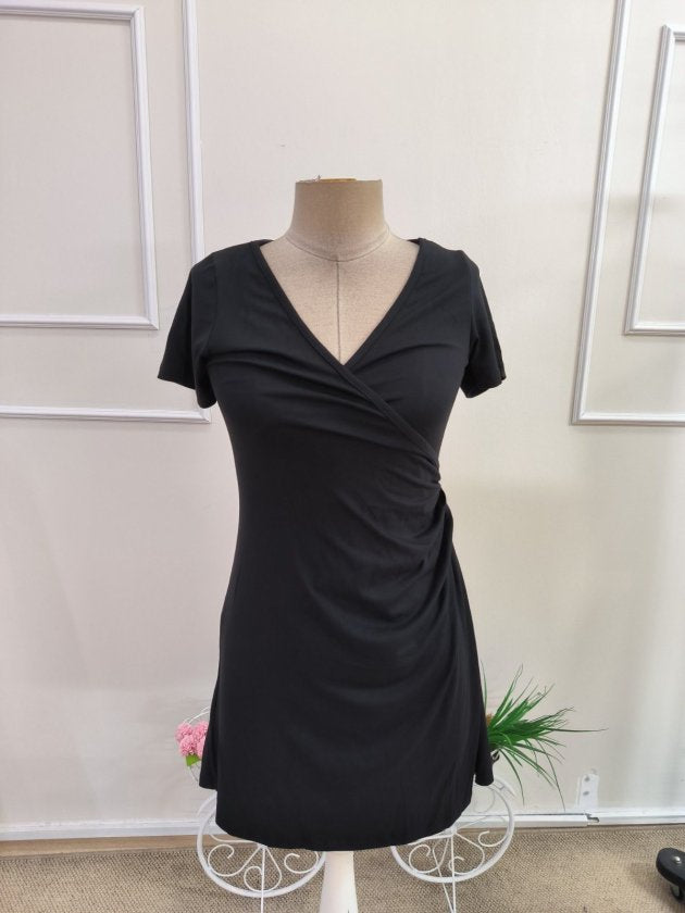Rochie din Viscon, Femeie, Mânecă Scurtă, Gât Adânc Încrucișat, Lungime Scurtă, 36742