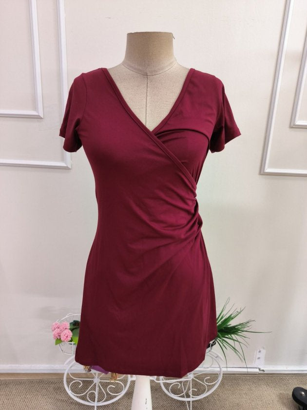 Rochie din Viscon, Femeie, Mânecă Scurtă, Gât Adânc Încrucișat, Lungime Scurtă, 36743