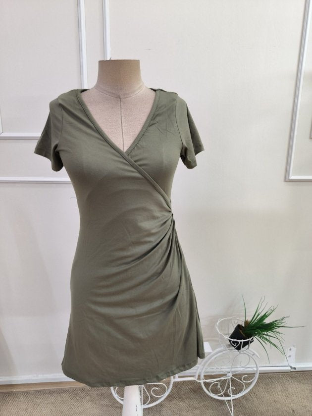 Rochie din Viscon, Femeie, Mânecă Scurtă, Gât Adânc Încrucișat, Lungime Scurtă, 36744