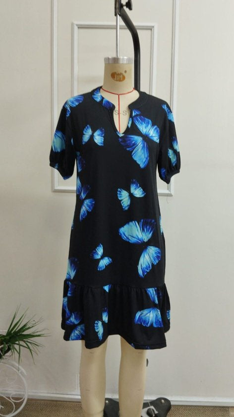 Rochie din Satin de Bumbac, Femeie, Mânecă Scurtă, Gât V, Model Geometric, Lungime Scurtă, 36749