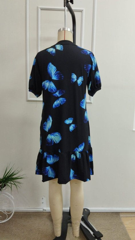 Rochie din Satin de Bumbac, Femeie, Mânecă Scurtă, Gât V, Model Geometric, Lungime Scurtă, 36749
