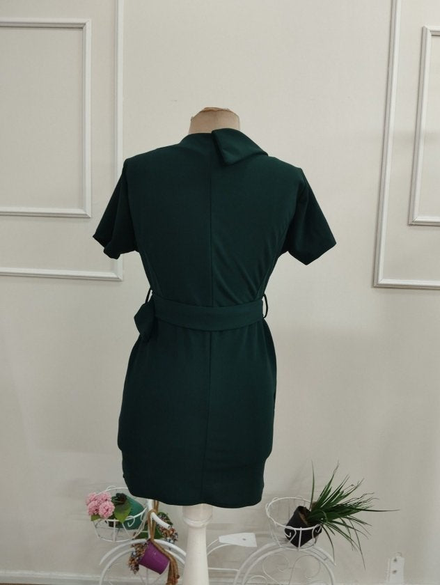 Rochie din Crepe Italiană, Femeie, Mânecă Scurtă, Gât Încrucișat, Nasturi Frontali, Broșă la Talie, Lungime Scurtă, 36758
