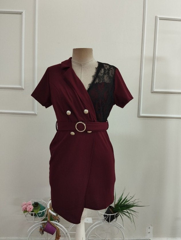 Rochie din Crepe Italiană, Femeie, Mânecă Scurtă, Gât Încrucișat, Nasturi Frontali, Broșă la Talie, Lungime Scurtă, 36759