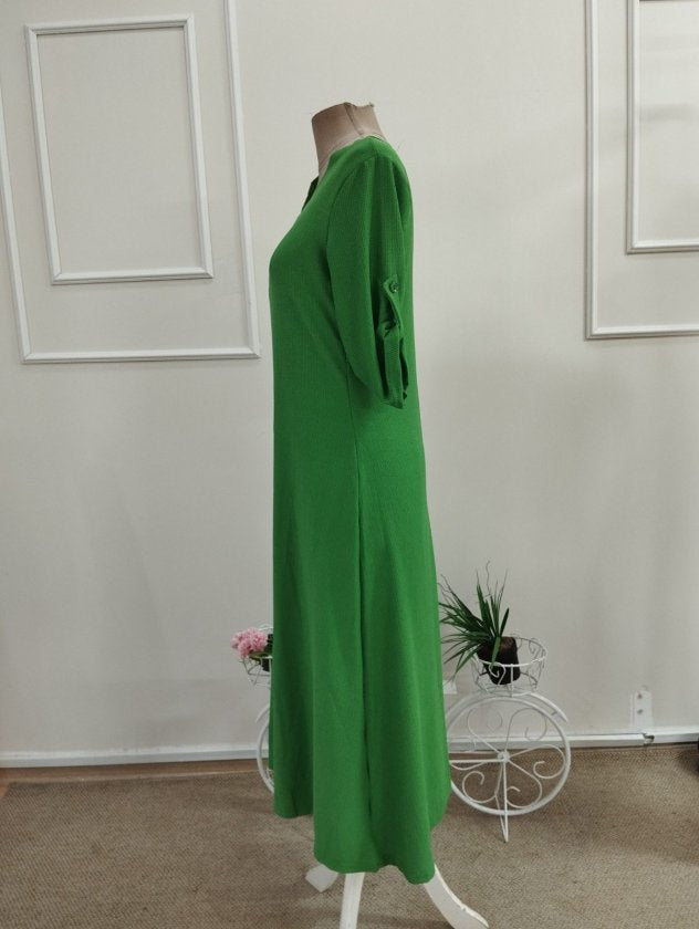 Rochie Midi din Viscon, Femeie, Mânecă Scurtă, Gât V, Detaliu Frunze, 36822