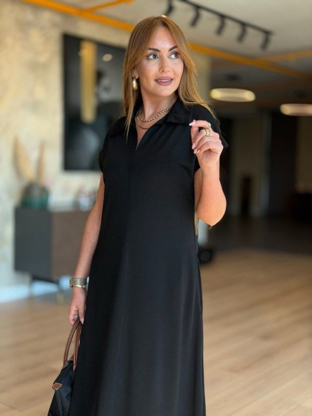 Rochie din Viscon cu Două Fâșii, Femeie, Mânecă Scurtă, Cu Guler, Cu Buzunare, Lungime Lungă, 36827