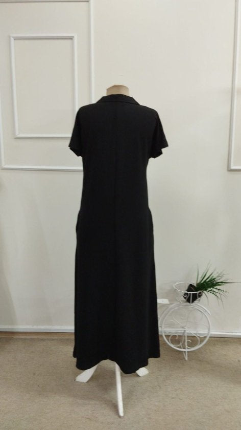 Rochie din Viscon cu Două Fâșii, Femeie, Mânecă Scurtă, Cu Guler, Cu Buzunare, Lungime Lungă, 36827