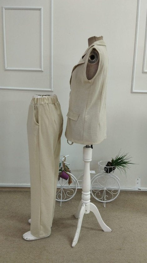 Compleu Jachetă și Pantalon fără Mâneci cu Gât, Detaliu Pliuri pe Piept, 36914