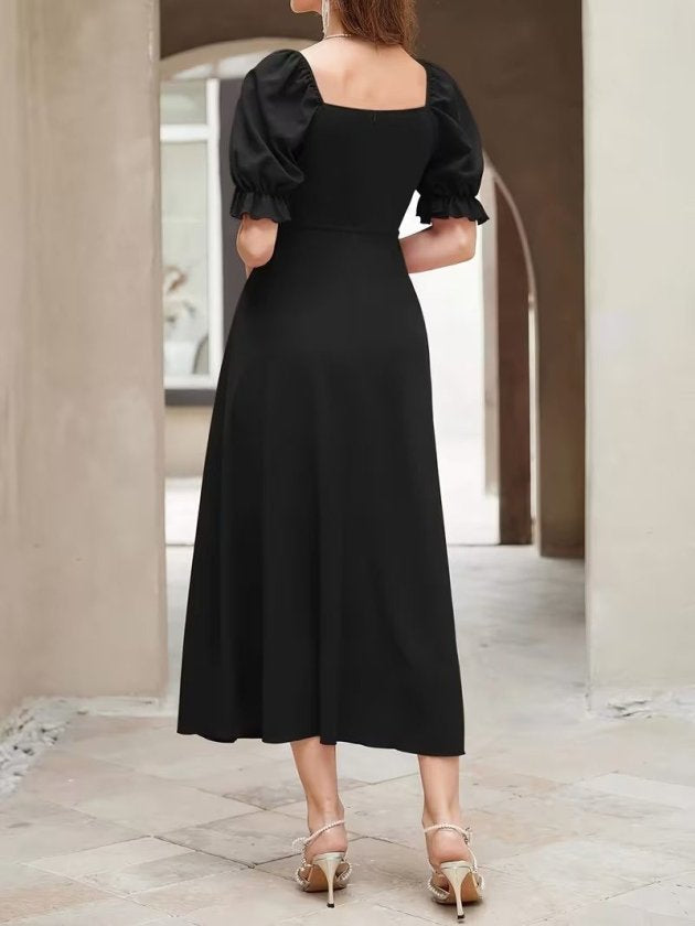 Rochie Lungă din Crep Importat cu Gât V, Mâneci Scurte, Drapaj pe Frunză, 37041