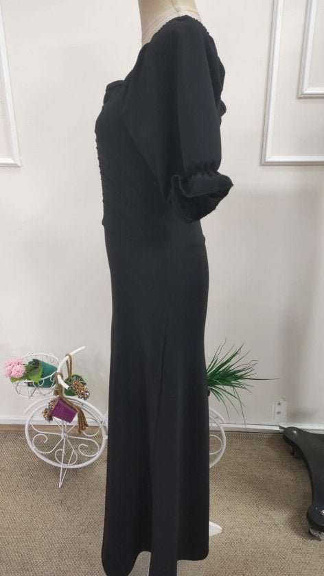 Rochie Lungă din Crep Importat cu Gât V, Mâneci Scurte, Drapaj pe Frunză, 37041