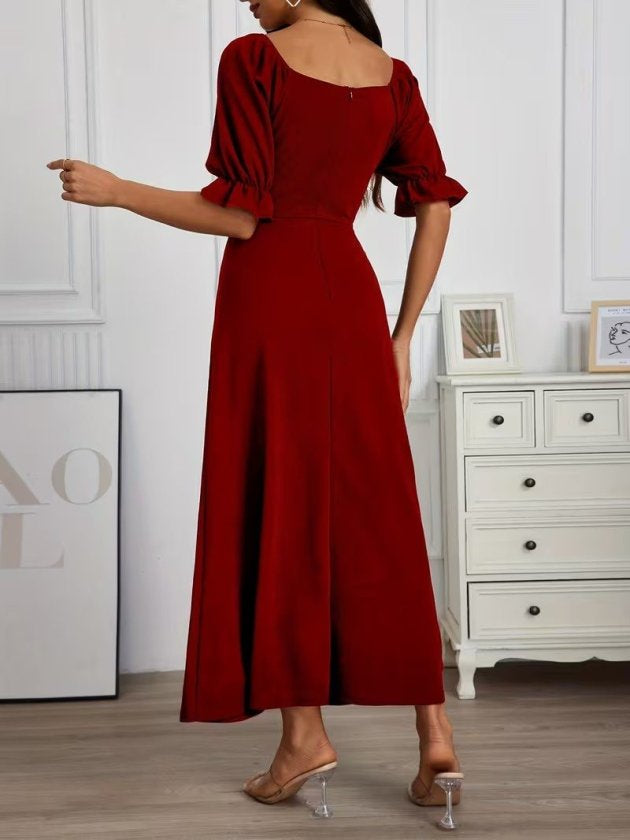 Rochie Lungă din Crep Importat cu Gât V, Mâneci Scurte, Drapaj pe Frunză, 37042