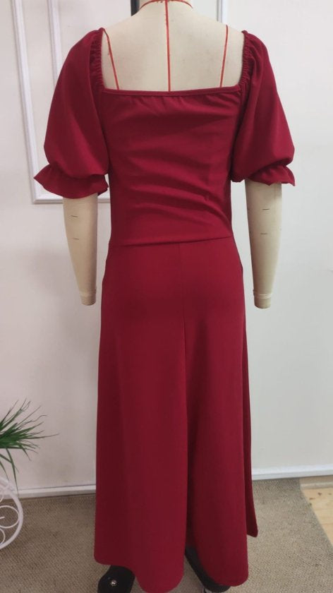 Rochie Lungă din Crep Importat cu Gât V, Mâneci Scurte, Drapaj pe Frunză, 37042