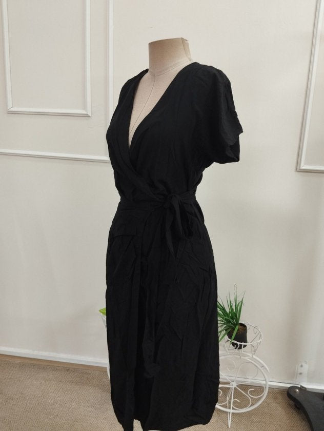 Rochie Midi Viscozë Țesută cu Gât Croisé, Mâneci Scurte, Fâșie la Talie, 37106