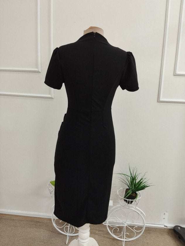 Rochie scurtă din Crep de import pentru femei cu mâneci scurte, guler semi-pește, fular, plisă laterală, 37165