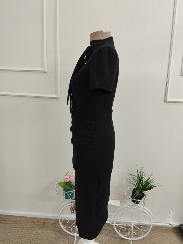 Rochie scurtă din Crep de import pentru femei cu mâneci scurte, guler semi-pește, fular, plisă laterală, 37165