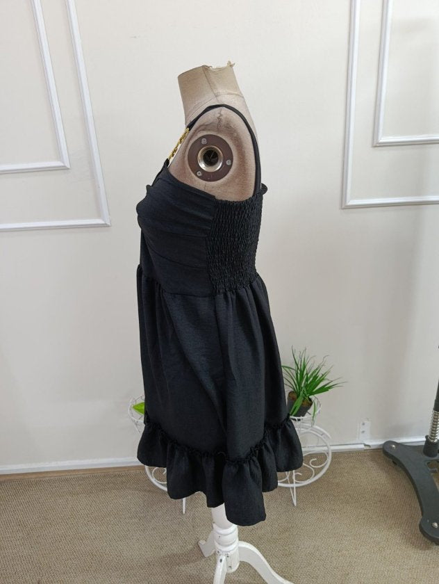 Kadın Askılı Halka Toka Detaylı Fırfırlı Kısa Elbise, 37168