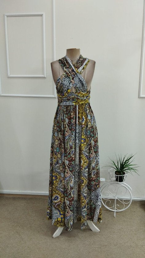 Women's Off-Shoulder, Cross-Neck Detail, Slit, Patterned Long Supreme Dress, 37209