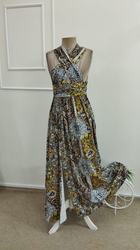 Women's Off-Shoulder, Cross-Neck Detail, Slit, Patterned Long Supreme Dress, 37209