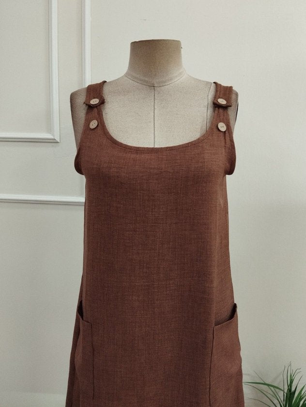 Rochie din in pentru femei fără mâneci, bretele groase, cu butoni, buzunare, 37216