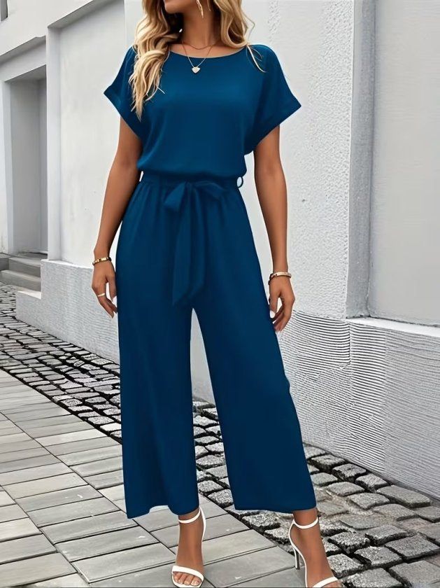 Kadın Kısa Kollu Yuvarlak Yakalı Beli Lastikli Cepli Aerobin Tulum, 37231