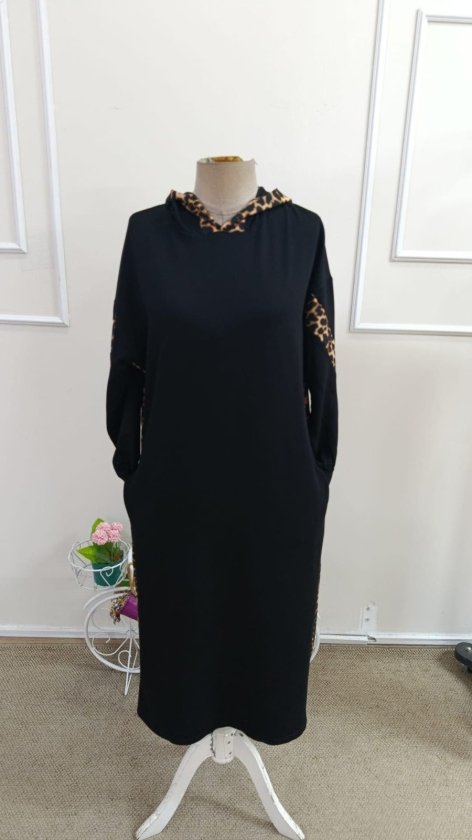 Rochie lungă Viscon din doi fire pentru femei cu mâneci lungi, glugă, model leopard, buzunare, 37262