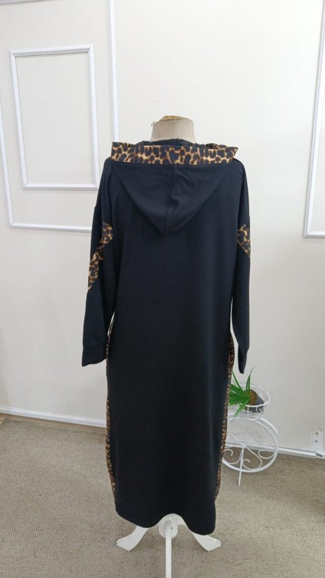 Rochie lungă Viscon din doi fire pentru femei cu mâneci lungi, glugă, model leopard, buzunare, 37262