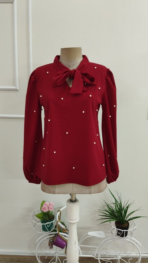 Bluză din stofă crepon import mânecă lungă cu fundă la gât perle, 37312