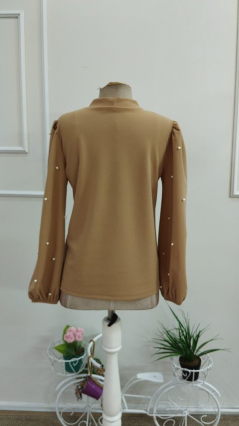 Bluză din stofă crepon import mânecă lungă cu fundă la gât perle, 37313