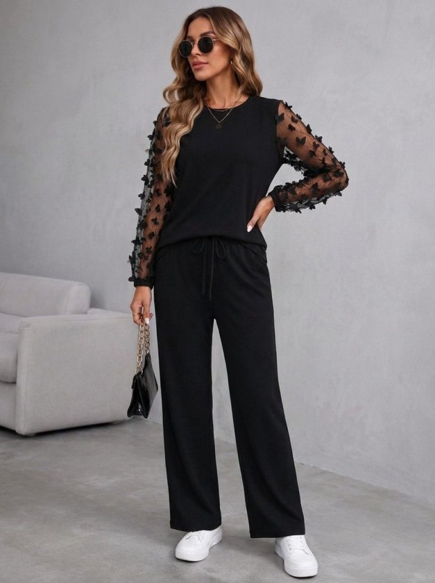 Compleu bluză din viscoză dublă cu mâneci lungi, guler barcă, cu tull pe mâneci și pantalon, 37428