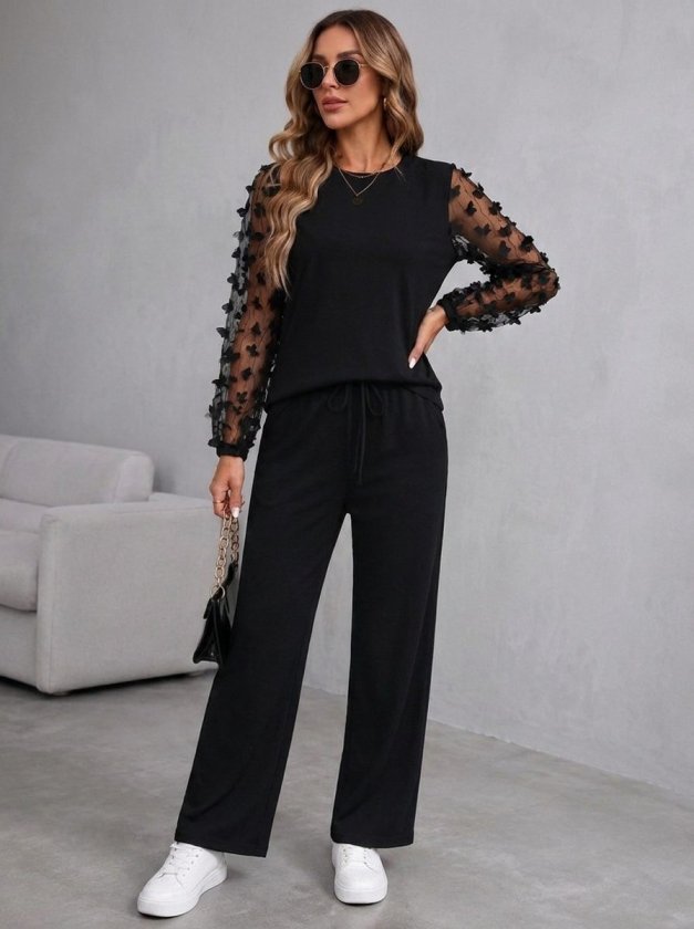 Compleu bluză din viscoză dublă cu mâneci lungi, guler barcă, cu tull pe mâneci și pantalon, 37428
