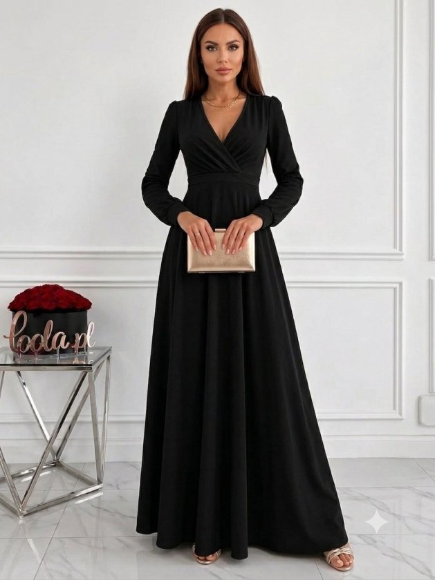 Rochie lungă din stofă crepon mânecă lungă guler cruce cu plisuri și corset la talie, 37323