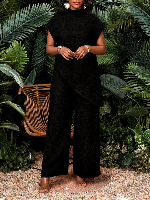 Costum două piese bluză aerobin mânecă scurtă guler ciocan cu tăieturi asimetrice și pantaloni, 37333