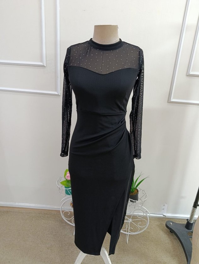 Rochie midi din stofă crepon mânecă lungă guler rotund cu pene și pene, 37339