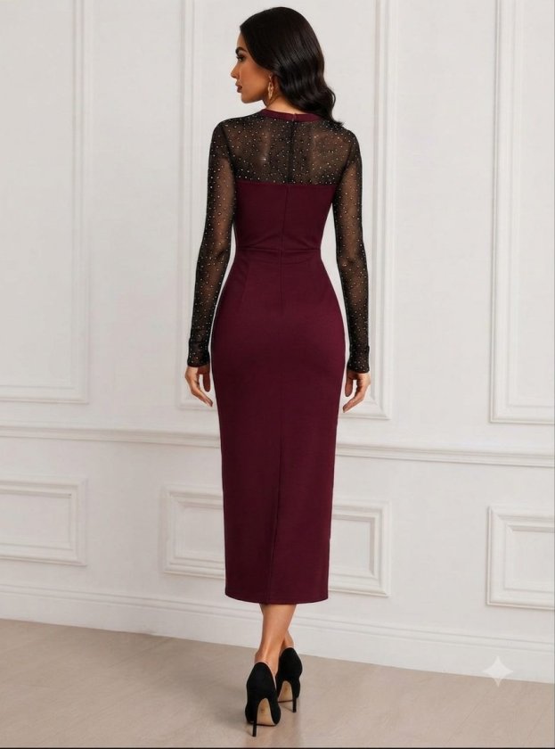 Rochie midi din stofă crepon mânecă lungă guler rotund cu pene și pene, 37340