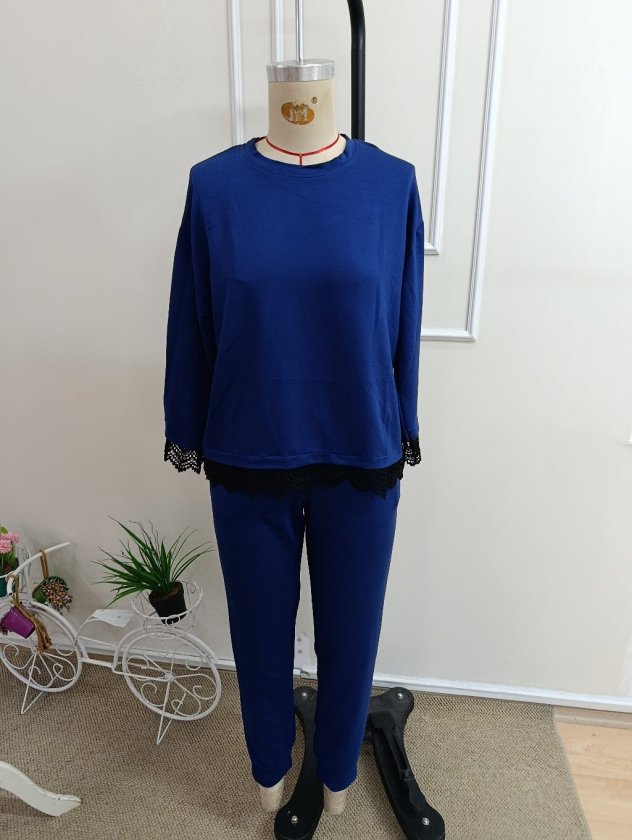 Costum două piese bluză vâsc mânecă lungă guler rotund dantelat și pantaloni, 37341