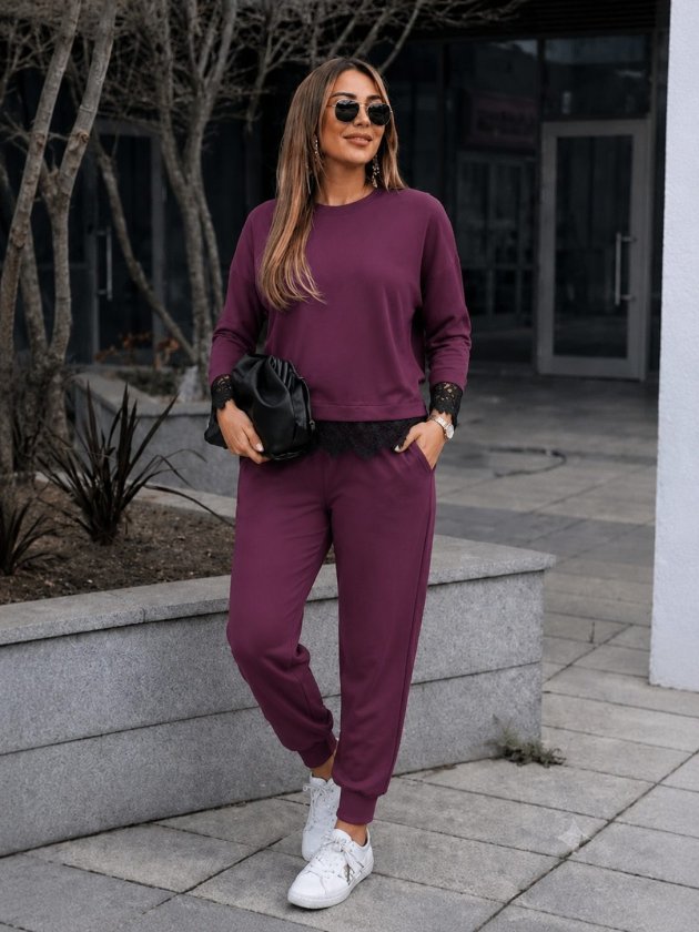 Costum două piese bluză vâsc mânecă lungă guler rotund dantelat și pantaloni, 37342