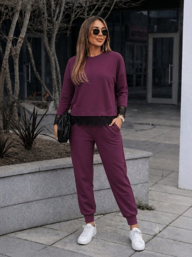 Costum două piese bluză vâsc mânecă lungă guler rotund dantelat și pantaloni, 37342
