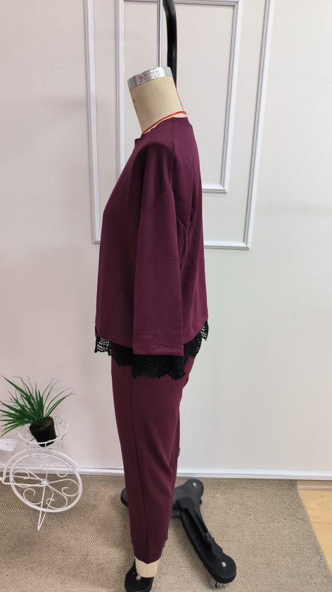 Costum două piese bluză vâsc mânecă lungă guler rotund dantelat și pantaloni, 37342