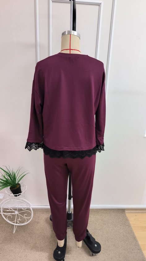 Costum două piese bluză vâsc mânecă lungă guler rotund dantelat și pantaloni, 37342