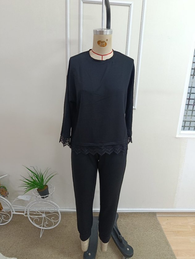 Costum două piese bluză vâsc mânecă lungă guler rotund dantelat și pantaloni, 37343
