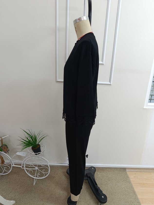 Costum două piese bluză vâsc mânecă lungă guler rotund dantelat și pantaloni, 37343