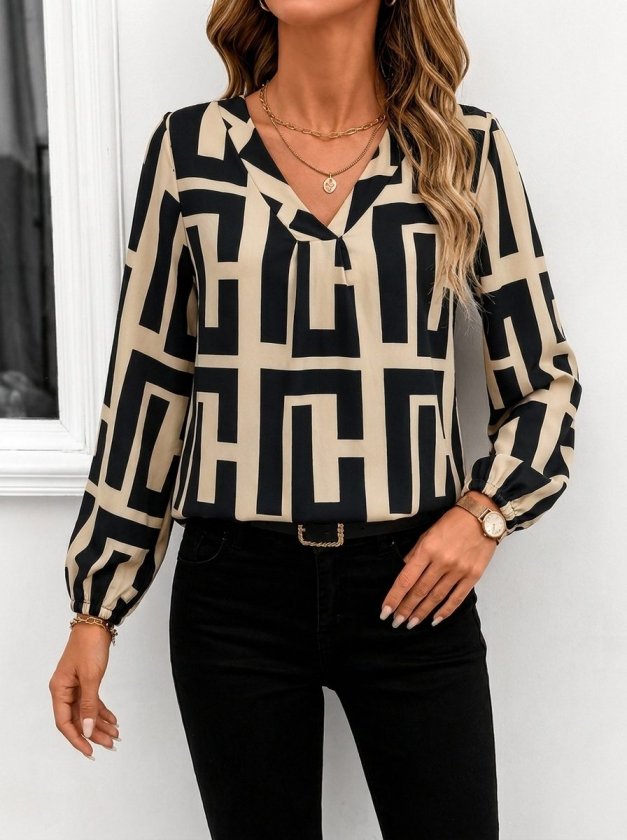 Bluză suprem mânecă lungă guler V cu model leopard plisuri în față, 37347
