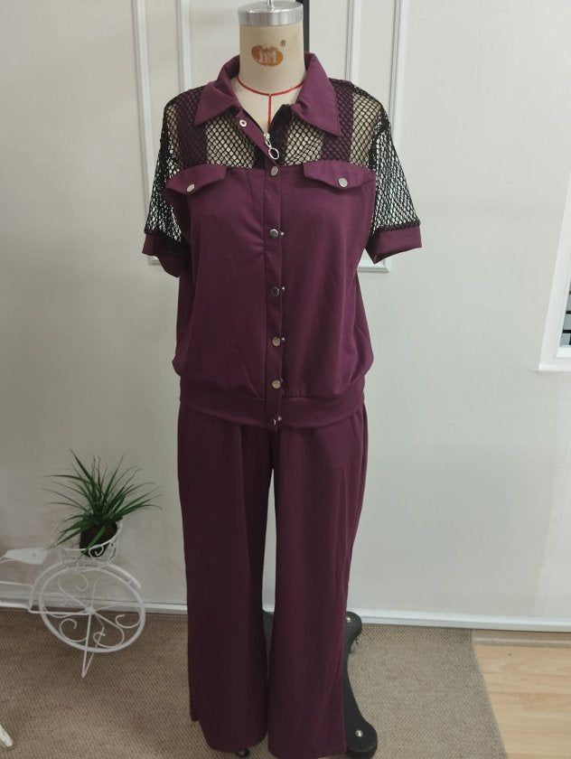 Ansamblu Dual Jachetă și Pantaloni Modal pentru Femei cu Mâneci Scurte, Guler și Nasturi Frontali cu Detalii File, 37679