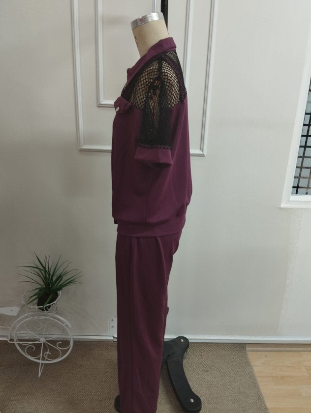 Ansamblu Dual Jachetă și Pantaloni Modal pentru Femei cu Mâneci Scurte, Guler și Nasturi Frontali cu Detalii File, 37679