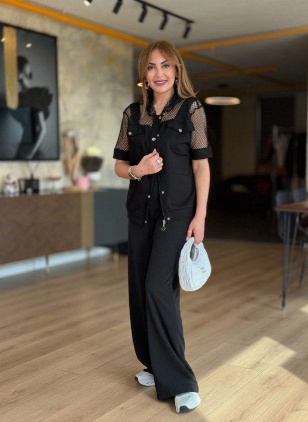 Ansamblu Dual Jachetă și Pantaloni Modal pentru Femei cu Mâneci Scurte, Guler și Nasturi Frontali cu Detalii File, 37680