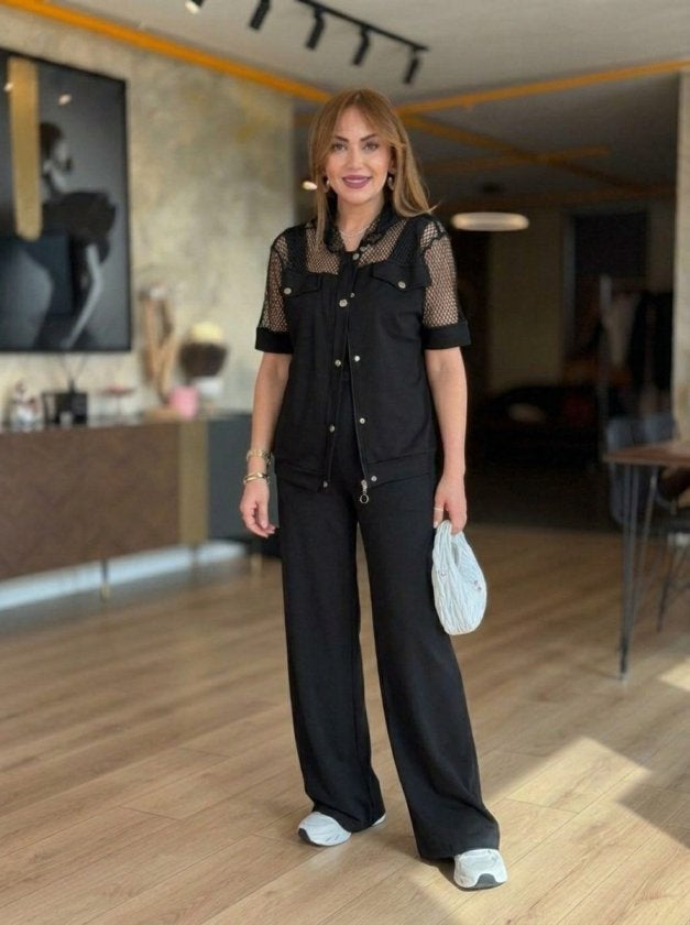 Ansamblu Dual Jachetă și Pantaloni Modal pentru Femei cu Mâneci Scurte, Guler și Nasturi Frontali cu Detalii File, 37680